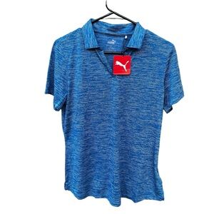 PUMA Polo Icon Heather Polo Shirt Lapis Blue NWT Ladies Large Golf V Neck